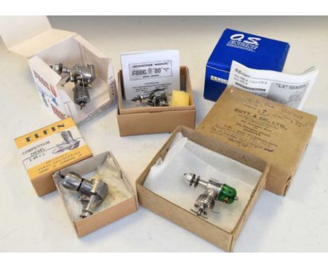 Group of five model aircraft diesel engines comprising; Frog '180', Frog '80 MkIII', Elfin 2.49cc, O.S. Engine 15LA &amp; Ed 