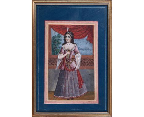 A Qajar Portrait, with European influences, painting on paper [Qajar Persia, c. 1850] single leaf, ink and gouache on paper h