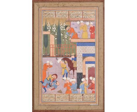 Ardeshir stabbing Ardavan (the last Parthian king), leaf from an illuminated manuscript copy of Firdawsi's Shahnameh, in Fars