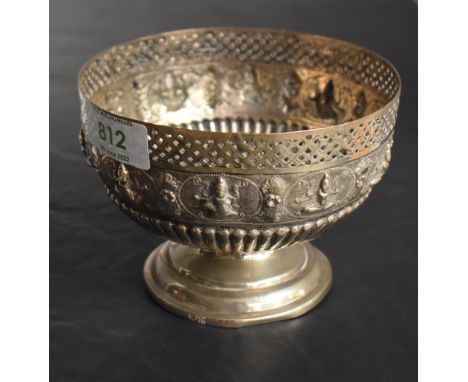 An Indian silver bowl having gadrooned and pierced decoration with central panel bearing images of Hindu deities, bearing mar