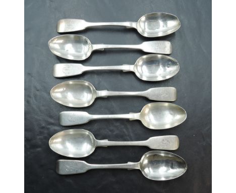 A group of seven Victorian silver spoons, fiddle pattern with engraved initial 'R', marks for London 1867, maker Henry Hollan