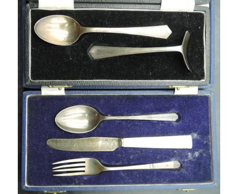 A 1940's cased silver christening set, comprising Mother-of-pearl handled knife, fork and spoon, marks for London 1946, maker