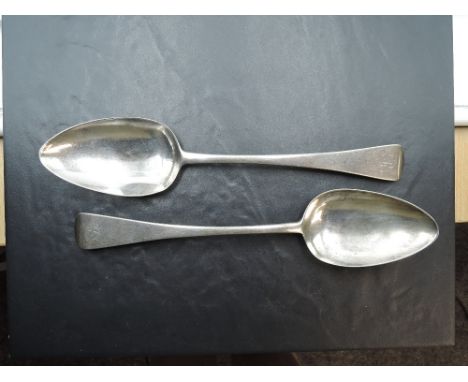 A Pair of George III silver serving spoons, Old English pattern with engraved initial 'R' to terminals, marks for London 1810