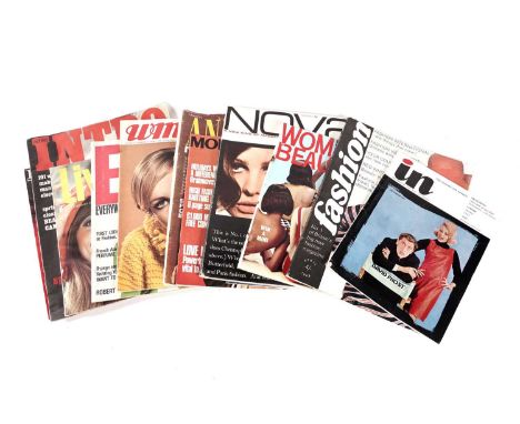 A collection of 1960s first and last issues of women's fashion magazines, including "In" / The Magazine that Sets the Trends"