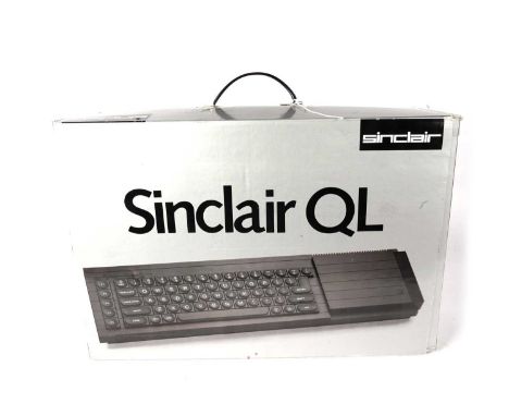 Sinclair QL computer, the box containing the computer itself, user guide, power supply, four microdrives including QL Abacus,