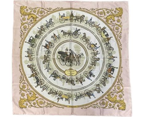 A Hermes silk scarf in the "La Promenade de Longchamps" pattern designed by Philippe Ledoux, depicting fashionable ladies and