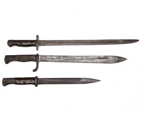 A British SMLE bayonet, 1907 pattern, single edge blade, wooden grip with screw bolts, no scabbard, 54cms overall; a German M