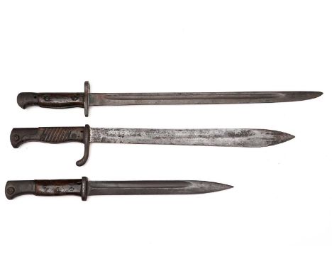 A British SMLE bayonet, 1907 pattern, single edge blade, wooden grip with screw bolts, no scabbard, 54cms overall; a German M