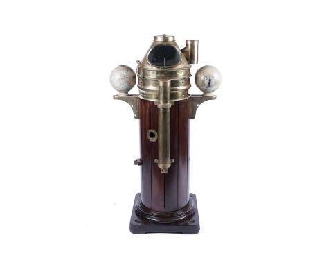 A mid 20th Century Kelvin &amp; Hughes ships binnacle, with glass hood enclosing the dry card compass, flanked by navigator b