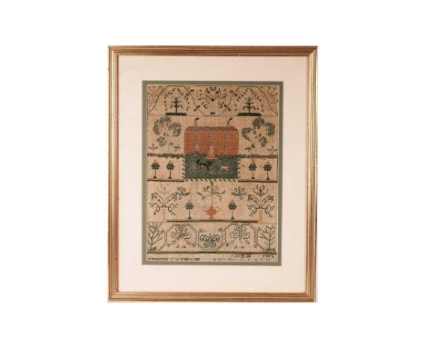 A late 18th Century pictorial needlework sampler, depicting a country house with two dogs playing in the garden, flanked by a