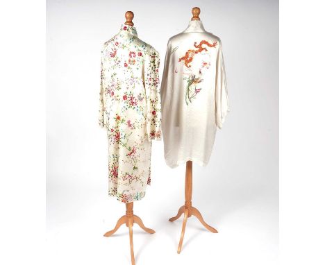 Two Republic of China silk robes, each having needlework decoration, one depicting the dragon chasing the pearl of wisdom, th