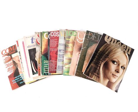 A collection of 1970s first and last issues of women's fashion magazines, including last edition "Queen" (1970), "DeLuxe" (19