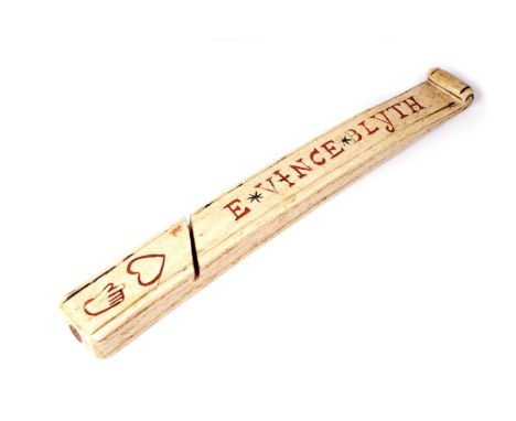 A 19th Century love-token knitting stick, of carved whalebone, dedicated to "E Vince [of] Blyth", with a hand pointing to a l
