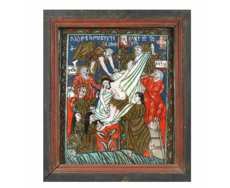   "The Descent from the Cross", icon on glass, painted frame, attributed to painter Popa Matei din Vale, the first decades of