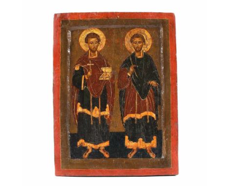   "The Holy Doctors without money Cosma and Damian", icon on wood, Greek school, mid-18th century, rarity, collector's item "