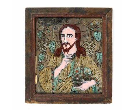   "Jesus Pantocrator", icon on glass, painted frame, attributed to painter Nicolae Oancea din Vale, Făgăraș, mid-19th century