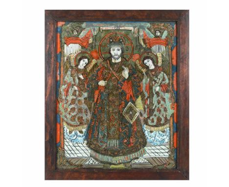   "Jesus Christ Emperor and High Bishop, Flanked by Archangels", icon on glass, Țara Bârsei workshop, late 19th century, coll