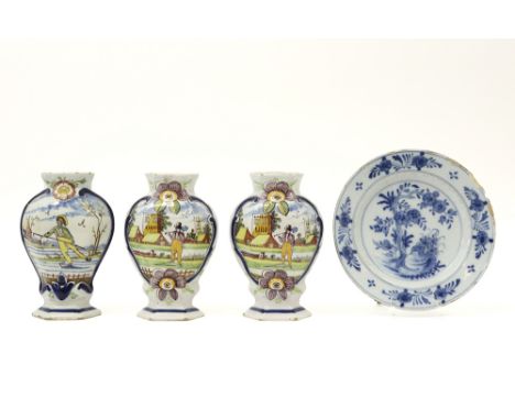 three 18th Cent. vases in marked ceramic from Delft and small plate with a blue-white decor || Lot (4) achttiende eeuwse Delf
