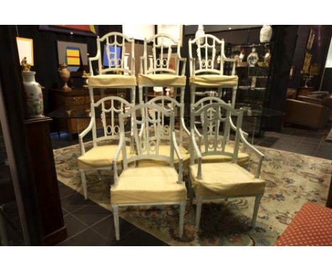 set of eight antique neoclassical armchairs in painted and sculpted wood bought from A. Vervoordt who furnished the villa in 