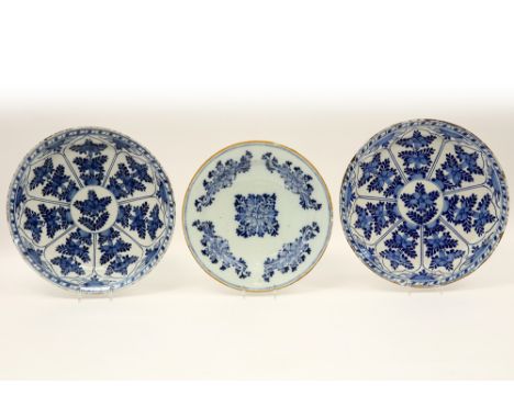 three 18th Cent. dishes in ceramic from Delft with a blue-white decor : a pair and a marked one || Lot (3) achttiende eeuwse 