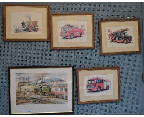 4 Limited Edition Fire Engine related prints by Ron Henderson, all /1000 together with a Railway Print by Michael Dale 37/100