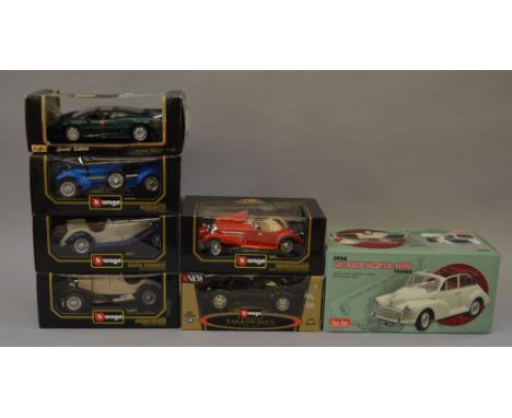 6 x Burago - Maisto boxed 1:18 & 1:20 scale cars including Jaguar, Mercedes, VW etc. Together with larger scale 1:12 scale Su