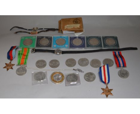 Mixed lot of jewellery and collectables including 4 WW2 medals and other coins including Crowns; Hallmarked 9K rose gold watc