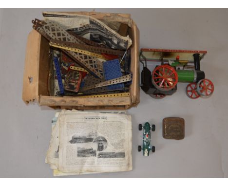 Mamod live steam traction engine, together with a quantity of pre-war Meccano parts & Scalextric car. Overall F