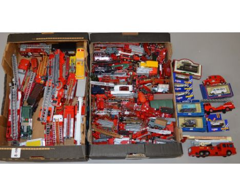 Two tray of assorted diecast Fire Engine models, mostly unboxed including Dinky, Lesney, Corgi, Schuco etc.