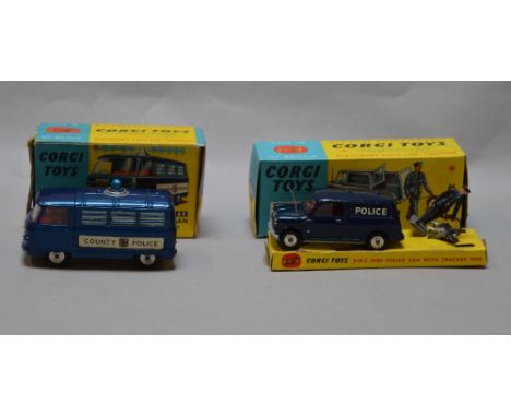 2 Corgi Toys No. 448 B.M.C Mini Police Van with Tracker Dog,boxed, includes display base (P), man and dog and model. Together