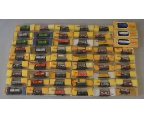 OO Gauge. Trix / Lilliput 54 x boxed rolling stock, includes private owner, tank & hopper wagons. Overall VG in G boxes. (som