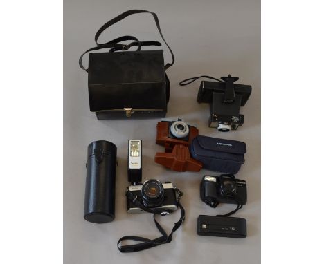 Quantity of cameras and equipment including Fujica STX-1 camera, Palaroid Square Shooter 2 Land Camera and Sigma Zoom 1:4-5 f