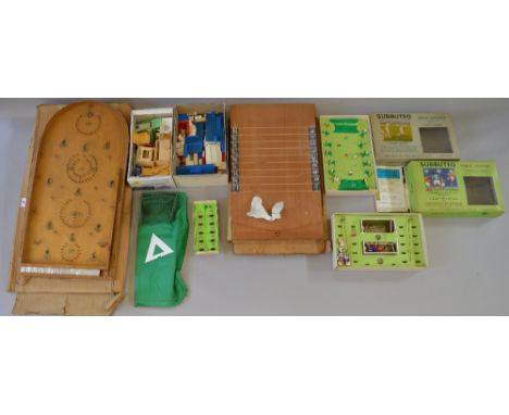 Mixed lot. Includes bagatelle, shove half penny board, dolls house furniture, lego & 2 x Subbuteo sets. Overall F/G