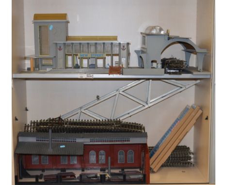 O Gauge well built station buildings with engine shed (in need of repair) together with a quantity of nickel silver track inc