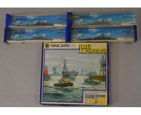 Minic Ships (Hornby) 1:1200 scale Fleet Anchorage set, together with 4 x Minic ships. All G in F/G boxes.