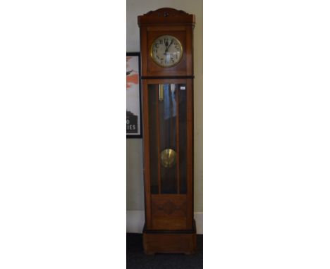Early 20th century walnut long case clock with brass weights and pendulum. Height 215cm. [COLLECTION ONLY]