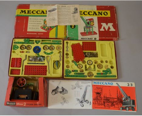 Mamod Minor 2  stationary engine, together with 2 part complete Meccano sets. F/G