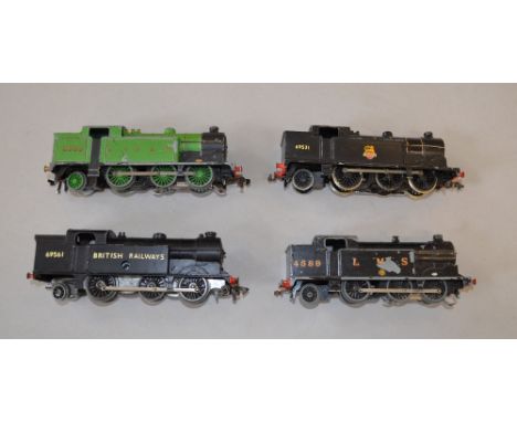 OO Gauge. Hornby Dublo. 3 x re-painted N2 tank engines together with early Tri-ang clockwork N2 tank engine (Re-painted) Over
