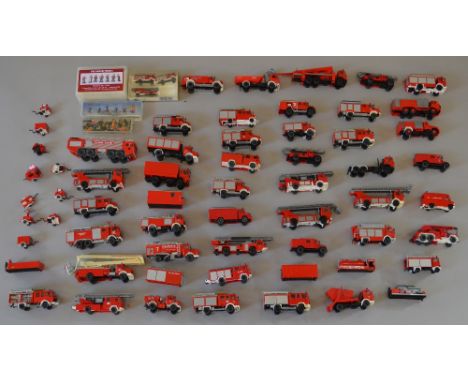 Quantity of plastic Fire Engine models including Wiking and Preiser examples together with some Fireman figures.