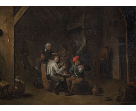 Flemish school, follower of David Teniers II (1610-1690): Pipe-smoking drinking brothers in an interior, oil on canvas, 18th 