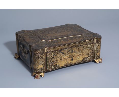 A Chinese lacquered sewing box with figurative design all around, 19th C.--37 x 27 x 15,3 cmÊ The inside of the box is divide