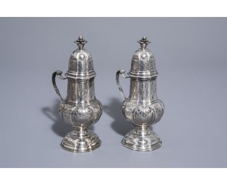 A silver mustard-pot and a caster, Louvain, maker's mark Johannes Josephus Cool, dated (17)75--H 20,5 - 20,3 cmÊ Weight: 615 