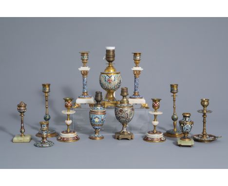A large collection cloisonné and champlevé candlesticks, a.o. Limoges, France, mainly 19th C.--H 24 - 8,1 cm (the tallest and