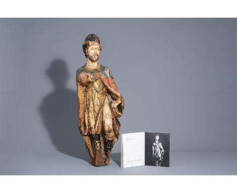 A large polychrome painted and gilt wooden Saint Roch with accompanying exhibition catalogue, Spain, 17th C.--H 94 cmÊ Litera