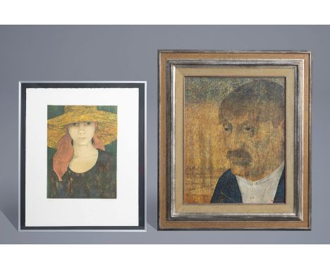 Antoon Catrie (1924-1977): Portrait of a man, tempera on panel &amp; Portrait of a girl, lithograph in colours, ed. 59/150--W