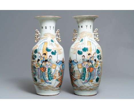 A pair of Chinese famille rose vases with ladies playing music, 19th/20th C.--H 57 cm -- Please request condition reports by 