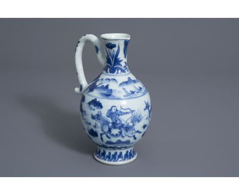 A Chinese blue and white jug with a Mongolian hunting scene, Transition, 17th C.--H 23,3 cm -- Please request condition repor