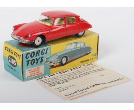 Corgi Toys 210S Citroen D.S. 19, red body, lemon interior, flat spun wheel hubs, in good original condition, some paint chipp