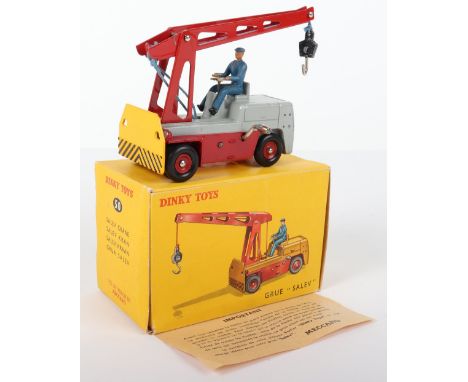 French Dinky Toys Boxed 50 Salev Mobile Crane, grey body, red jib, blue driver, red ridged/concave wheel hubs, in excellent o