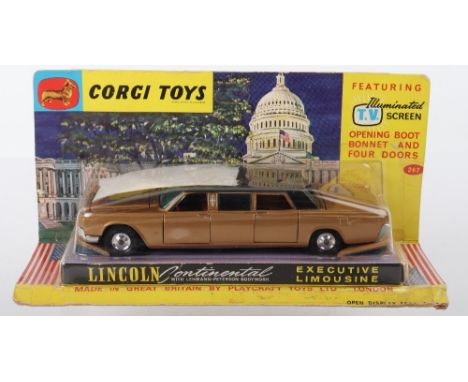 Corgi Toys 262 Lincoln Continental Executive Limousine, featuring illuminated T.V. screen, gold body, black roof, red interio